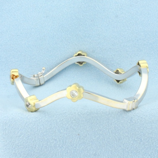 Flower Station Bangle Bracelet In 18k White And Yellow Gold
