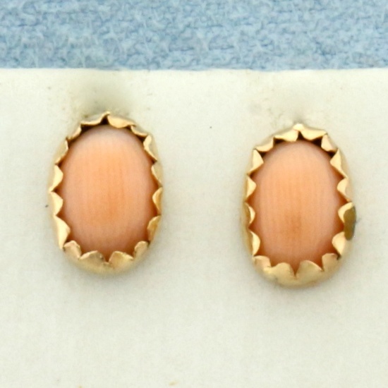 Vintage Angelskin Pink Coral Stud Earrings In 14k Yellow Gold