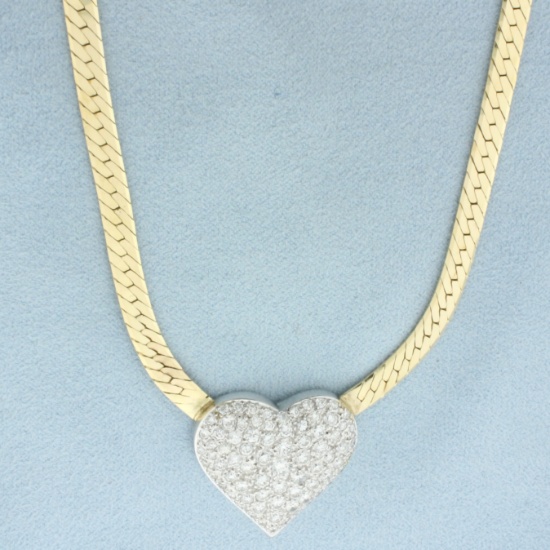 Italian 3ct Pave Diamond Heart Necklace In 14k Yellow Gold