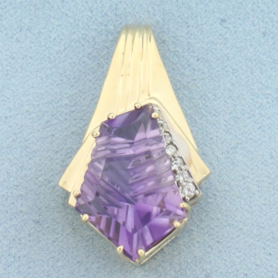 Unique Fancy Cut Amethyst And Diamond Pendant In 14k Yellow Gold