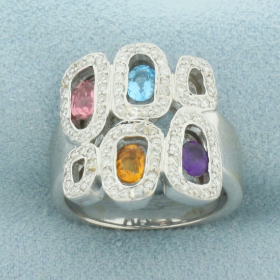 Rainbow Gemstone And Diamond Halo Ring In 18k White Gold