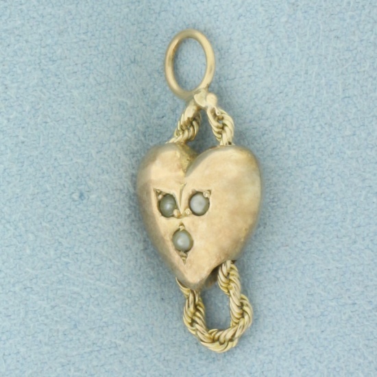 Antique Seed Pearl 3d Heart Charm In 14k Yellow Gold