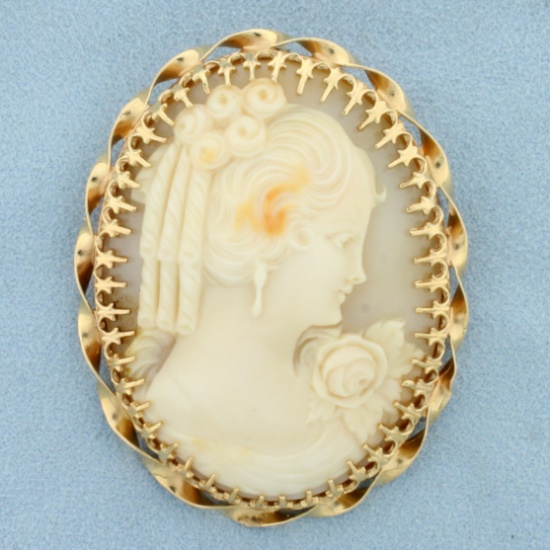 Large Vintage Hand Carved Shell Cameo Pin Or Pendant In 14k Yellow Gold
