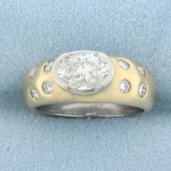 Designer Oval Diamond Engagement Ring In 14k Yellow And White Gold