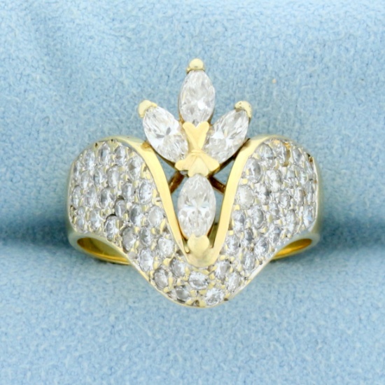 Designer Marquise And Round Diamond Ring In 14k Yellow Gold