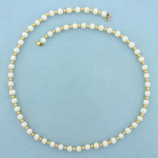 Gold Ball Bead And Pearl Necklace In 14k Yellow Gold