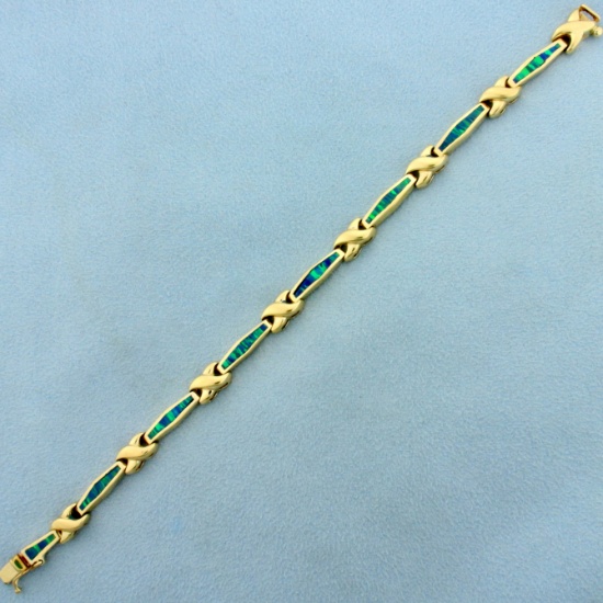 Black Opal Line Tennis Bracelet In 14k Yellow Gold