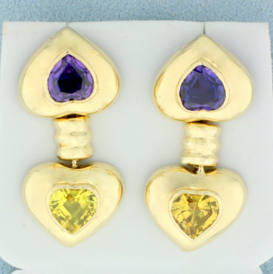 Designer Purple And Yellow Sapphire Dangle Heart Earrings In 14k Yellow Gold