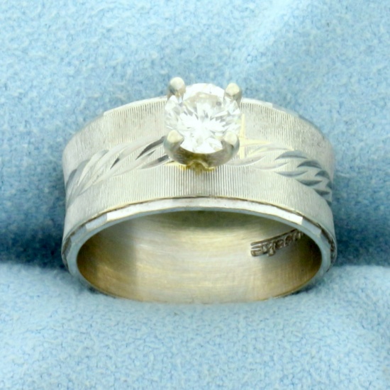 Diamond Wide Band Solitaire Engagement Ring In 14k White Gold