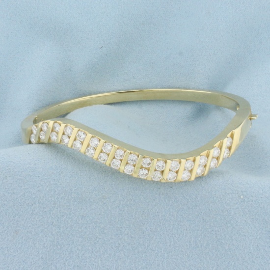 3ct Tw Diamond Wave Design Bangle Bracelet In 14k Yellow Gold