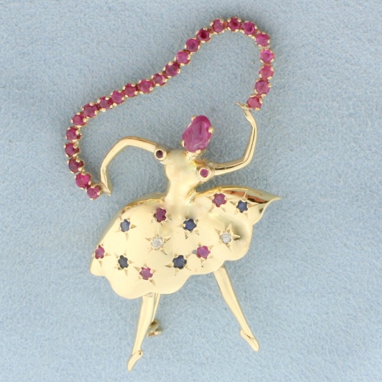 Ballerina Dancer Pin With Ruby, Sapphire, And Diamonds In 14k Yellow Gold