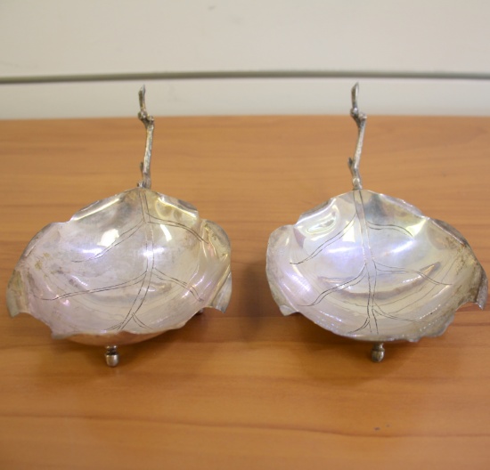 Vintage Sanborns Three Owl Mark Pair Of Footed Leaf Twig Dishes In Sterling Silver