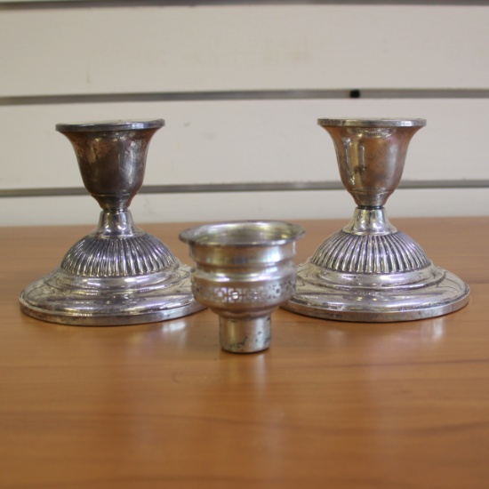 Fisher Silversmiths Hurricane Lamp Candlestick Holders Set Of 2 In .925 Sterling Silver.