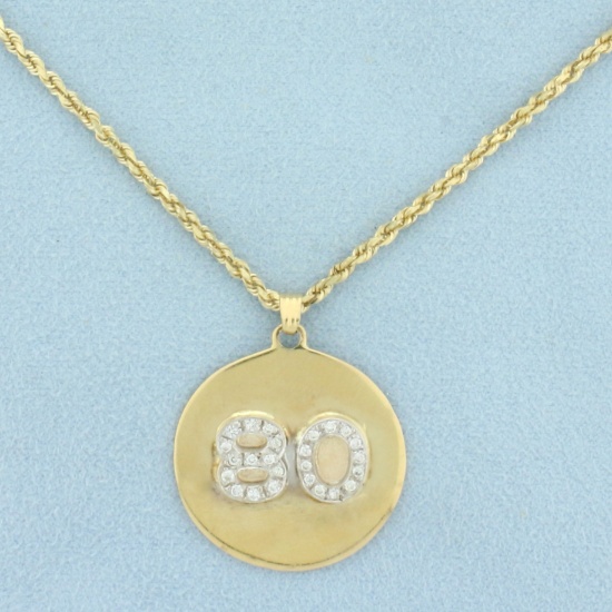 Number 80 Diamond Medallion On Rope Chain In 14k Yellow Gold