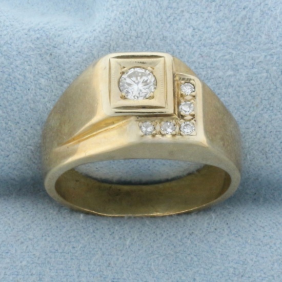 Mens Vintage Step Design Diamond Ring In 14k Yellow Gold