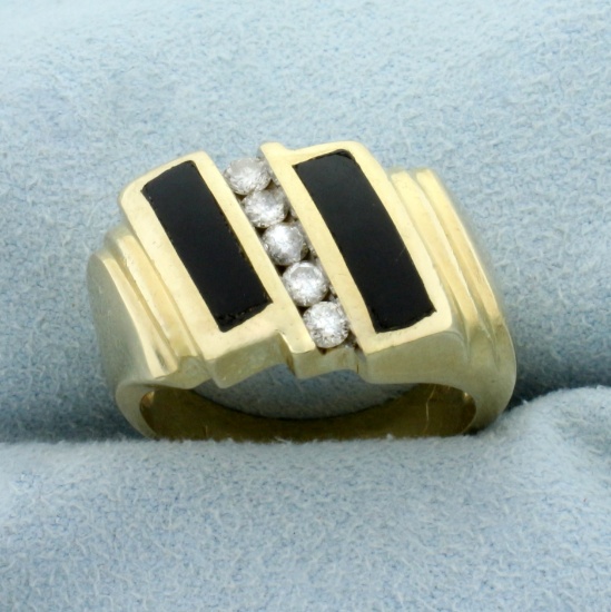 Vintage Onyx Inlay And Diamond Ring In 14k Yellow Gold