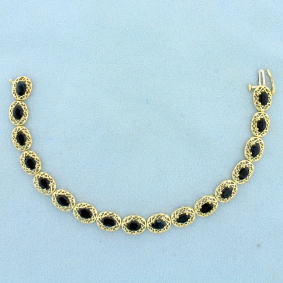 Vintage Filigree Natural Sapphire Line Tennis Bracelet In 10k Yellow Gold