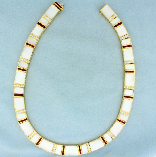 Ruby, Mother Of Pearl And Diamond Necklace In 18k Yellow Gold