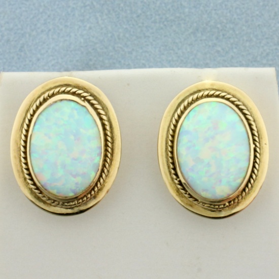 Vintage Ethiopian Opal Button Earrings In 14k Yellow Gold