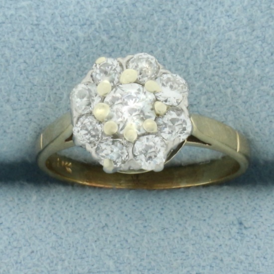 Antique Old European Cut Diamond Flower Ring In 14k Yellow Gold