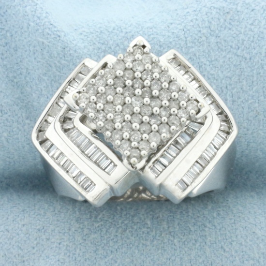 Round And Baguette Diamond Statement Ring In 14k White Gold