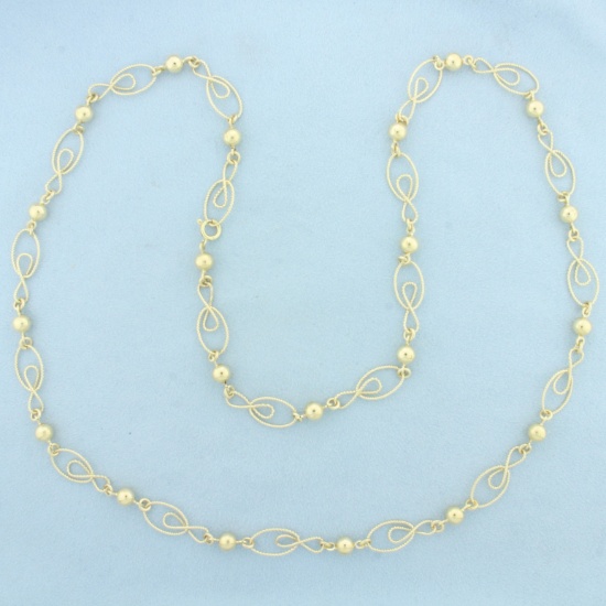 Extra Long Designer Link Ball Bead Necklace In 14k Yellow Gold