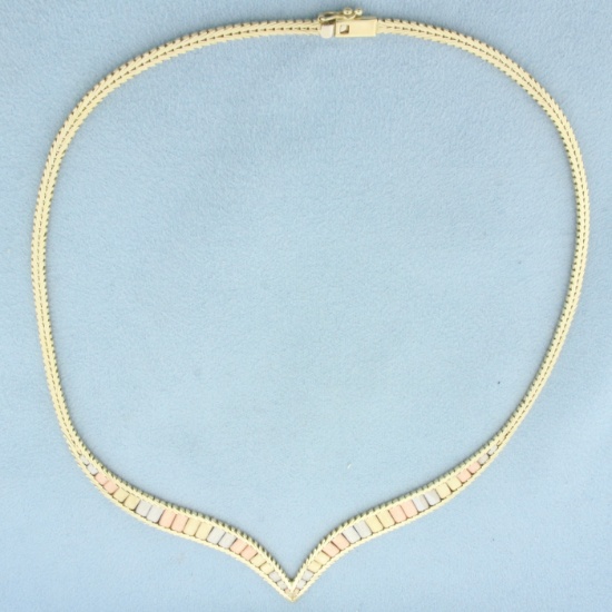 16 Inch Italian Tri-color Gold V Choker Necklace In 14k Yellow, White, And Rose Gold