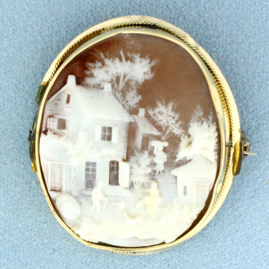 Vintage Family Farm Hand Carved Cameo Pin Brooch In 14k Yellow Gold