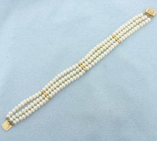 Triple Row Cultured Pearl And Gold Bead Bracelet In 14k Yellow Gold