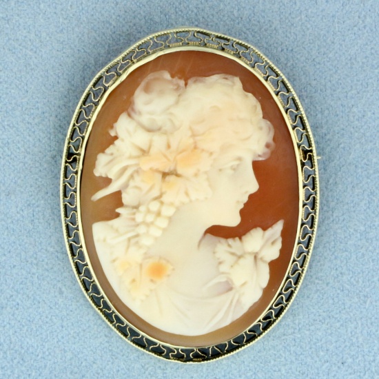 Vintage Carved Shell Cameo Brooch Pin In 14k Yellow Gold
