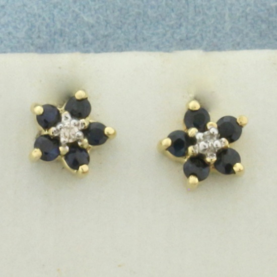 Sapphire And Diamond Flower Earrings In 10k Yellow Gold