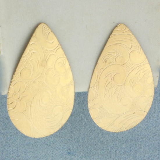 Etched Large Pear Shaped Earrings In 14k Yellow Gold