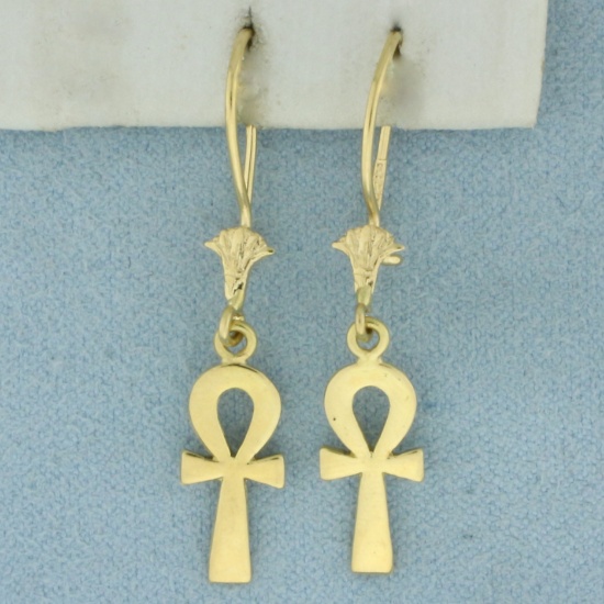 Egyptian Ankh Dangle Earrings In 21k Yellow Gold