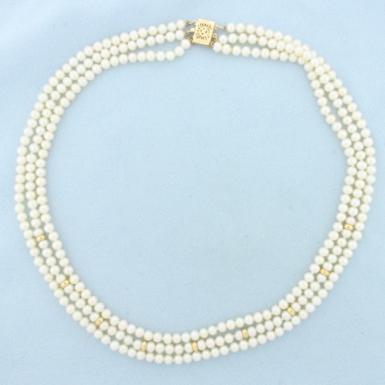 Triple Strand Pearl And Gold Bead Necklace In 14k Yellow Gold