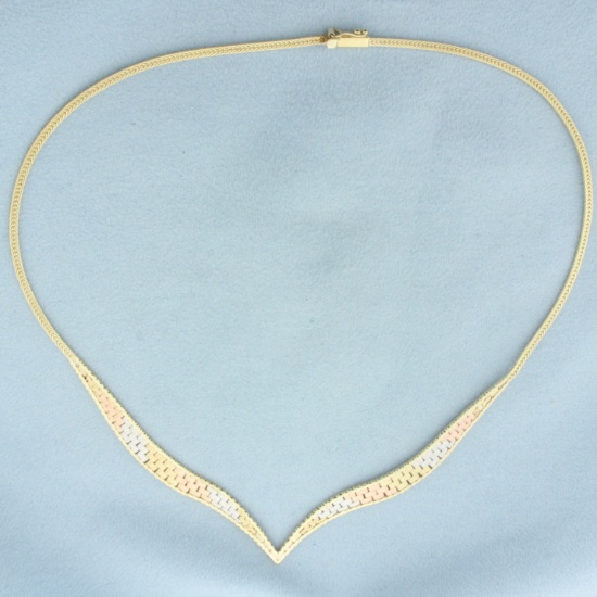Tri-color Italian V Necklace In 14k Yellow, White, And Rose Gold