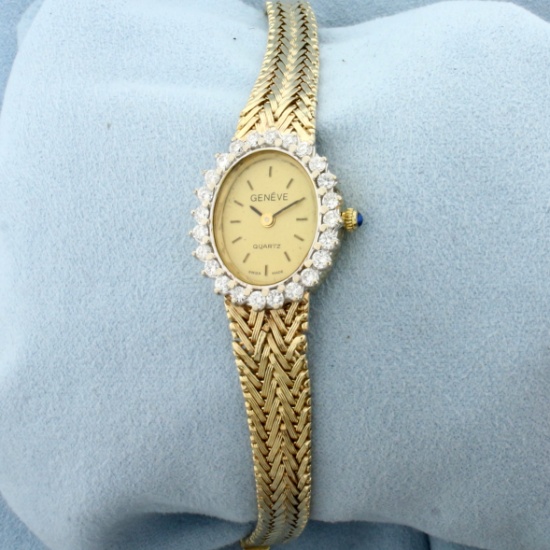 Ladies Geneve Diamond Swiss Watch In Solid 14k Yellow Gold
