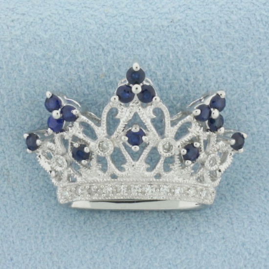 Sapphire And Diamond Royal Crown Pendant In 14k White Gold