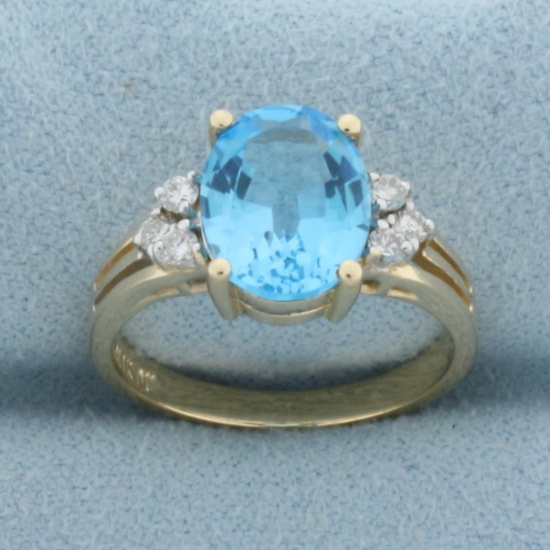 Swiss Blue Topaz And Diamond Ring In 14k Yellow Gold