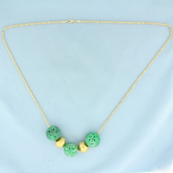 Carved Jade And Gold Bead Necklace In 14k Yellow Gold
