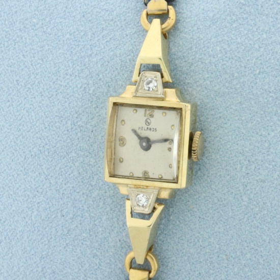 Antique Helbros Diamond Ladies Watch In 14k Yellow Gold Case