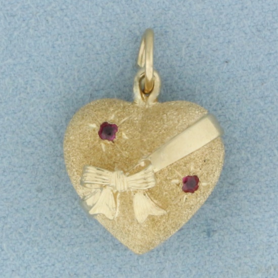 Ruby Puffy Heart In A Bow Charm Or Pendant In 14k Yellow Gold