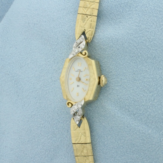 Vintage Ladies Hamilton Diamond Watch In Solid 14k Yellow Gold Case