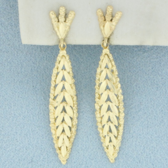 Diamond Cut Leaf Nature Design Dangle Earrings In 14k Yellow Gold