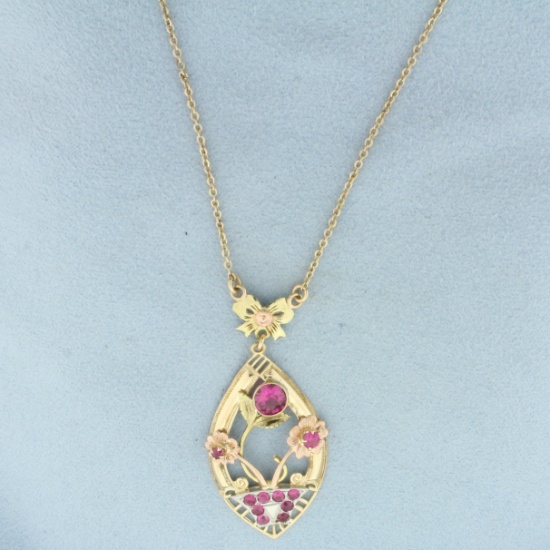 Vintage Pink Sapphire Flower Lavalier Necklace In 10k Yellow, Rose, White, And Green Gold