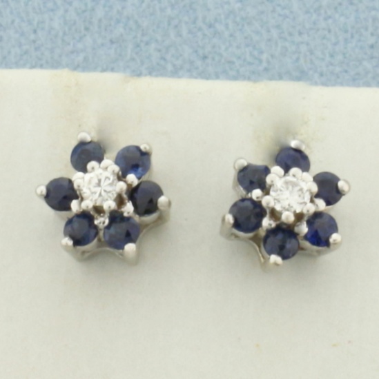 Sapphire And Diamond Flower Target Design Earrings In 14k White Gold