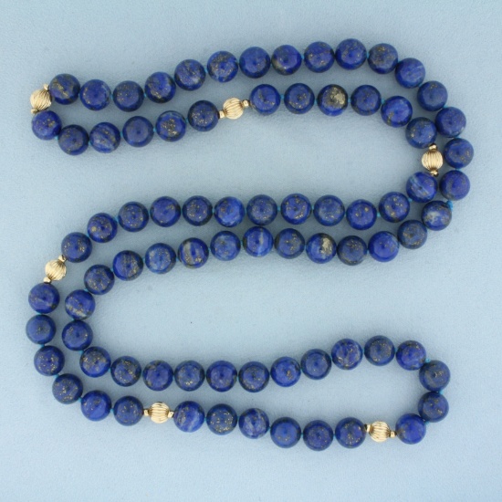 Lapis Lazuli And 14k Gold Bead Hand Knotted Strand Necklace