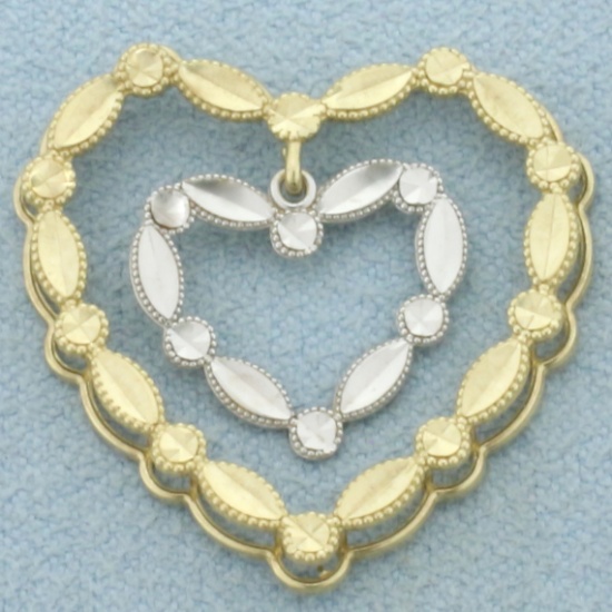 Diamond Cut Heart In Heart Pendant In 10k Yellow And White Gold