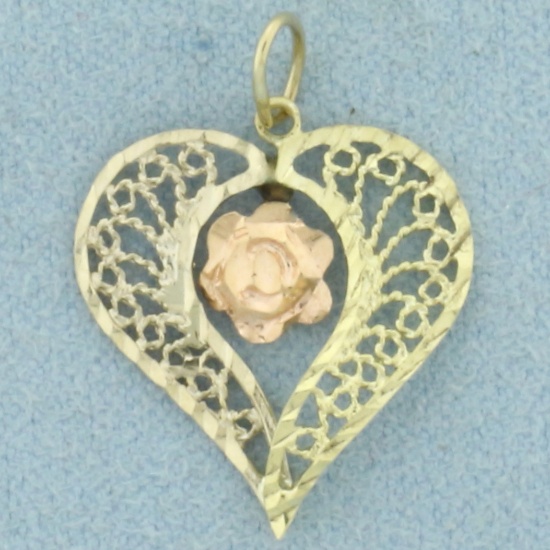 Heart And Rose Charm In 14k Yellow And Rose Gold