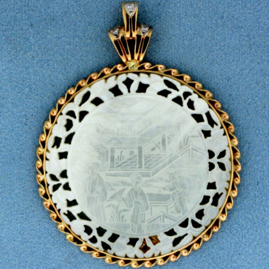Diamond And Mother Of Pearl Chinese Gaming Counter Pendant In 14k Yellow Gold