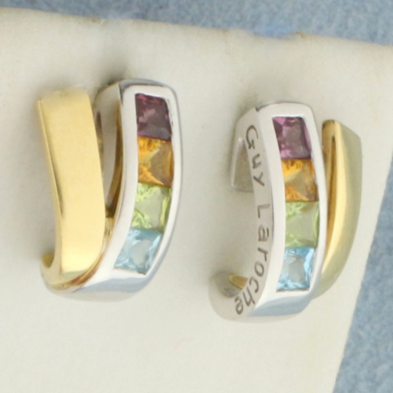 Guy Laroche Designer Rainbow Gemstone Earrings In 18k Yellow And White Gold